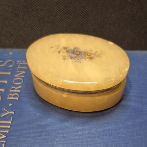 Vintage Yellow Alabaster Oval Trinket Box with Floral Design